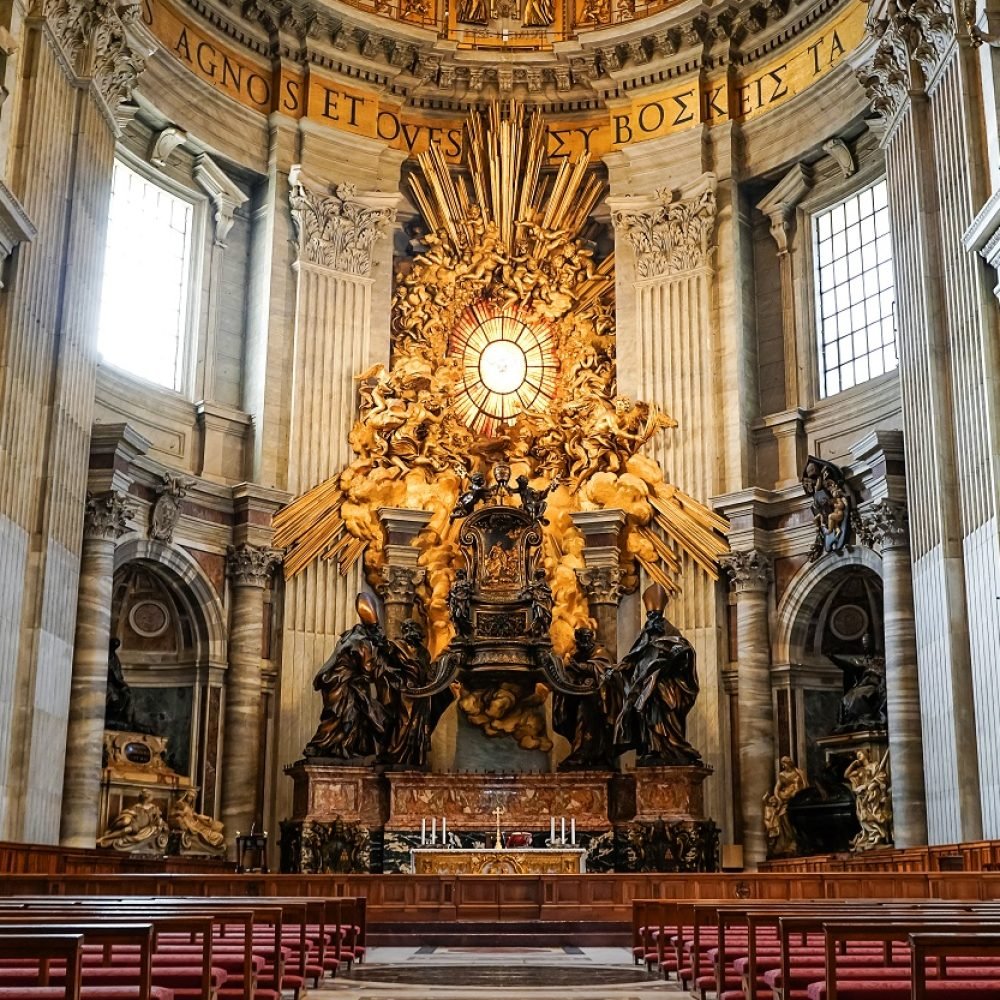 VATICAN CITY, ITALY – APRIL 10, 2020: interior of ancient st peters basilica VATICAN CITY, ITALY - APRIL 10, 2020: interior of ancient st peters basilica